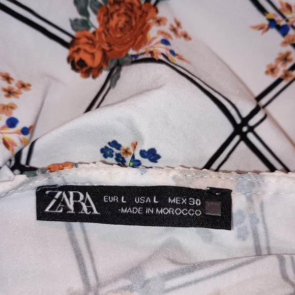Zara Floral plaid ruffle Cap sleeves Orange Blue print flowers Size Large - Picture 11 of 11